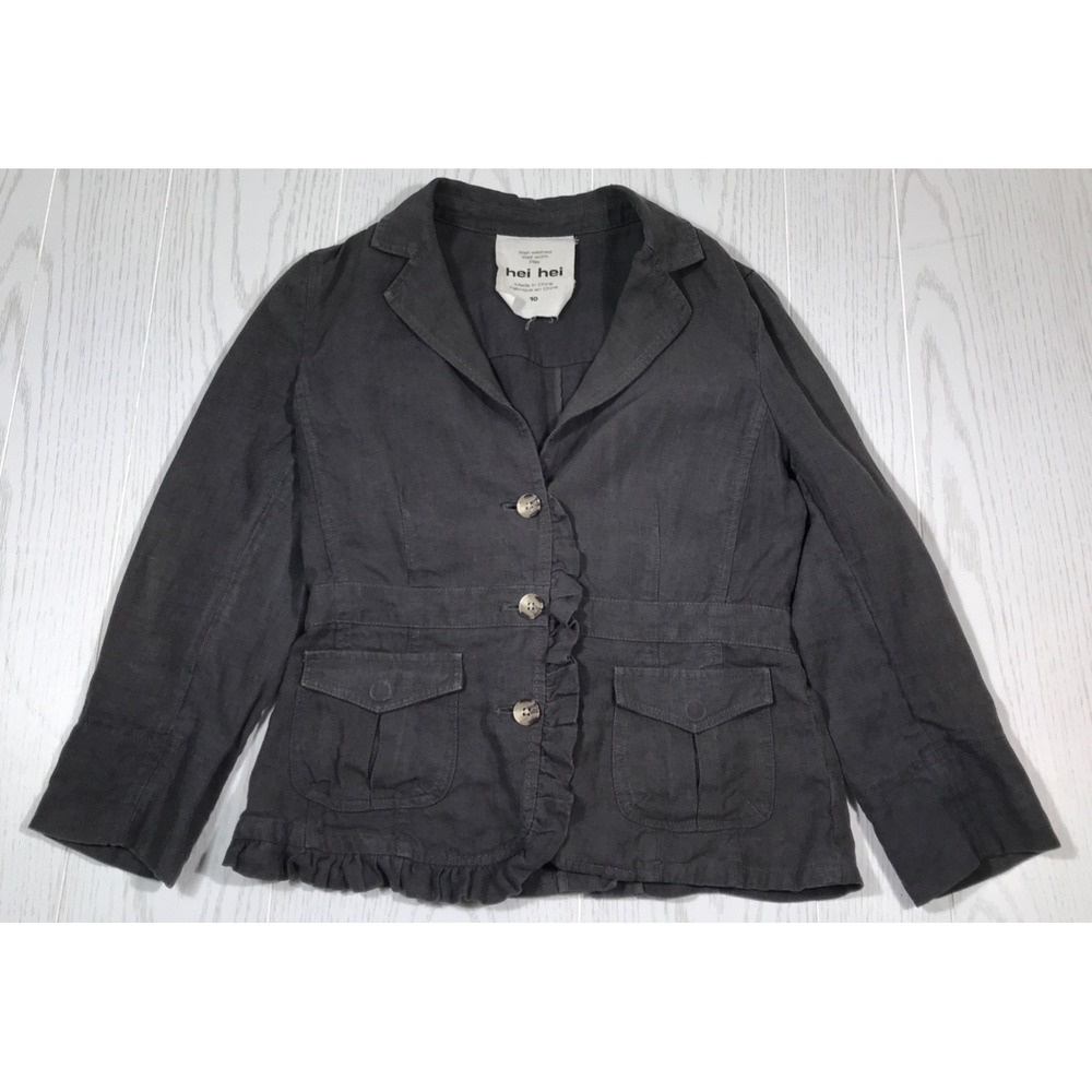 Anthropologie Hei Hei Linen Jacket Women 10 Gray Button Up Pockets Utility Chore
